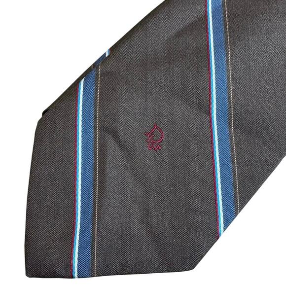 Christian Dior Brown Blue White Striped Red Monogrammed Mens Tie - Picture 1 of 7